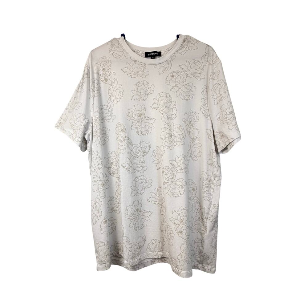 Men’s Express White Tan Floral Print Crew Neck Shirt Short 
Sleeve T Shirt